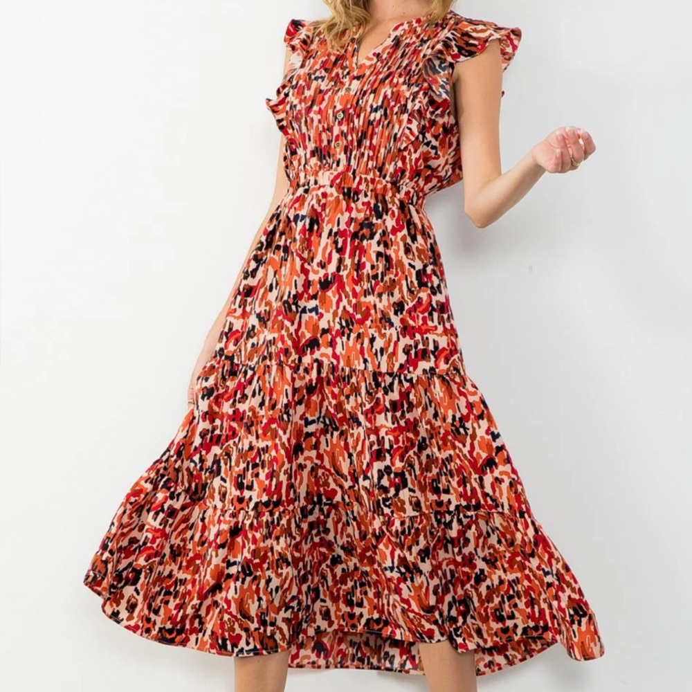 THML Flutter Sleeve XS Midi Dress Pleated Tiered Abstract Print Resortwear
